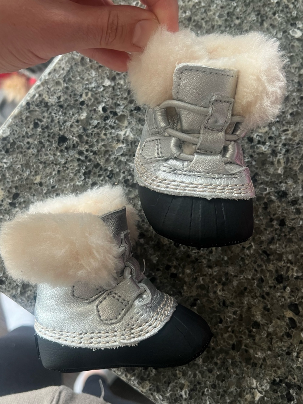 Sorel Silver Metallic and Black Baby Walker Boots with Cream Fur Trim
